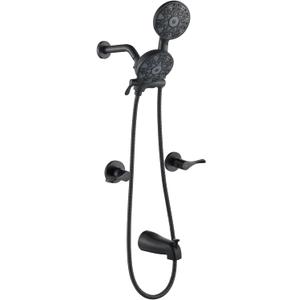 2 Handle Shower Faucet Set with Tub Spout and Shower Head Combo, Matte Black, Wall Mounted, 2 Handles, Brass, Complete Bathtub Shower Trim Kit