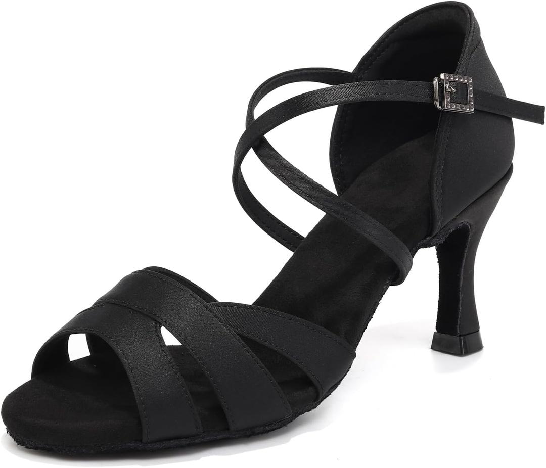 Women's Latin Dance Shoes Peep Toe Satin Professional Ballroom Salsa Tango Dancing Shoes with High Heels, 6.5