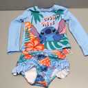 Disney Mickey and Friends Girl Two Piece Long Sleeve Swimsuit Rashguard Bathing Suit, Disney Stitch-blue, 7 Years