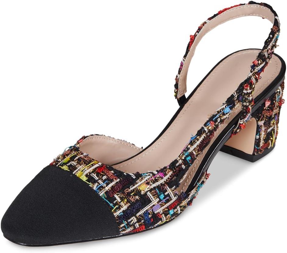 LinnOaks Slingback Heels for Women Round Closed Toe Pumps Two Tone Chunky Mid Heel Wedding Party Dress Shoes Ladies Fashion Patchwork Mary Jane Heels Multicolor Classic Comfy Tweed Heels Office Shoes (6, Multired)