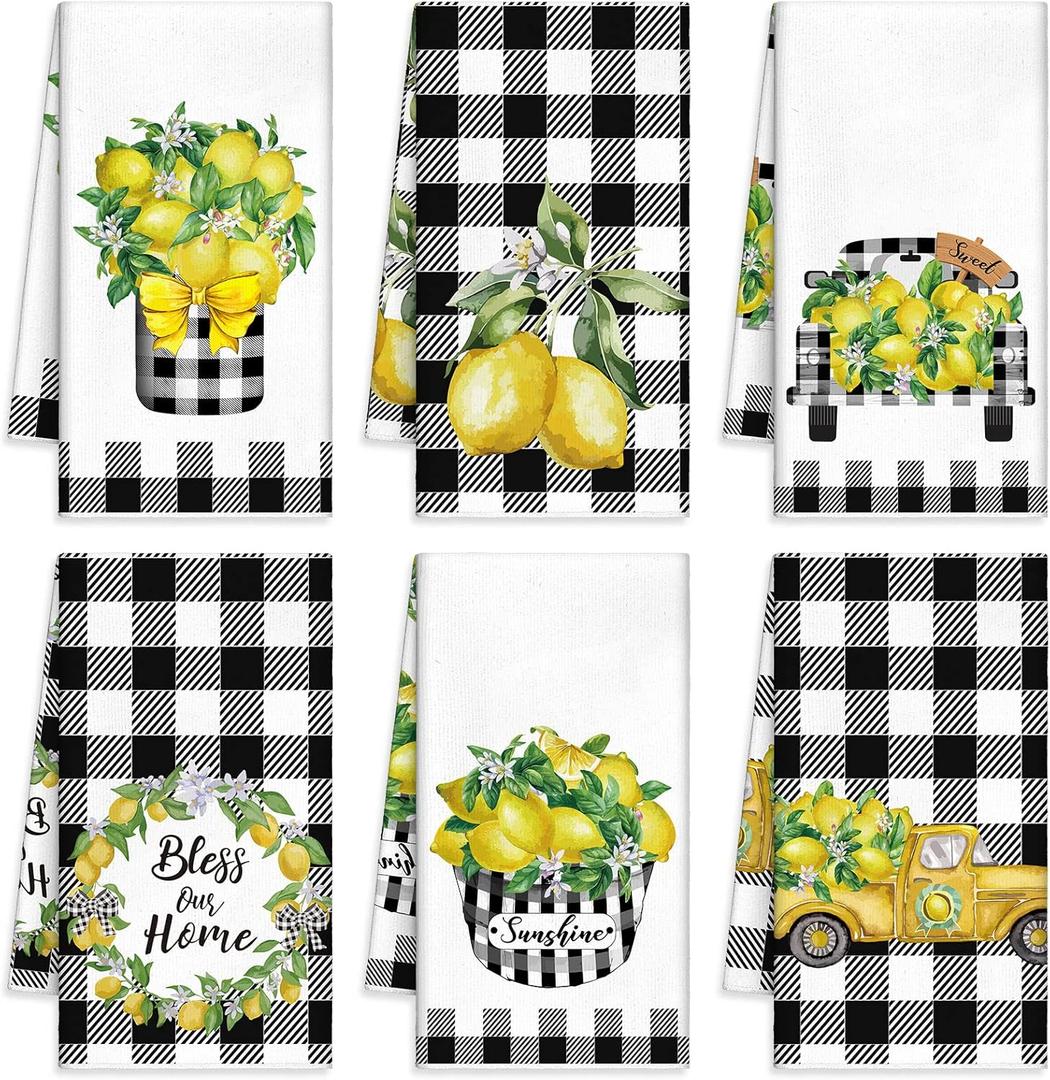 Redbaker 6 Pcs Lemon Kitchen Towels Lemonade Dish Towels with Sayings Decorative Hand Tea Dishcloths for Kitchen Decor with Hanging Loop for Housewarming Gift(Black White,Plaid Lemon)