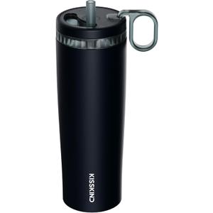 KISSKIND 24 Oz Iced Coffee Tumbler with Hidden Straw, Insulated Stainless Steel Coffee Tumbler, Leakproof Ceramic Lined Travel Cup for Subway Commuting, Cold Brew Tumbler for To-Go, Midnight Espresso