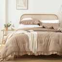 JANZAA Queen Ruffled Comforter Set 3PCS (1 Taupe Comforter Set and 2 Pillowcases) Vintage Farmhouse Shabby Chic Bedding Soft Fluffy Bed Set All Season
