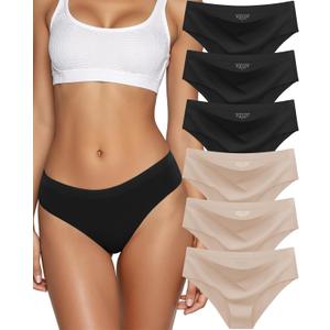 Kiqnsam Seamless Underwear for Women No Show Hipster Bikini Panties Low Rise Cheeky Breathable Soft Invisible Briefs 6 Pack (US, Alpha, Medium, Regular, Regular, 3color&3black)