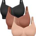 FeelinGirl Bras for Women Wireless Bralettes No Underwire Unlined Seamless Everyday Bras 3-Pack (Large, Black/Sienna/Nude)