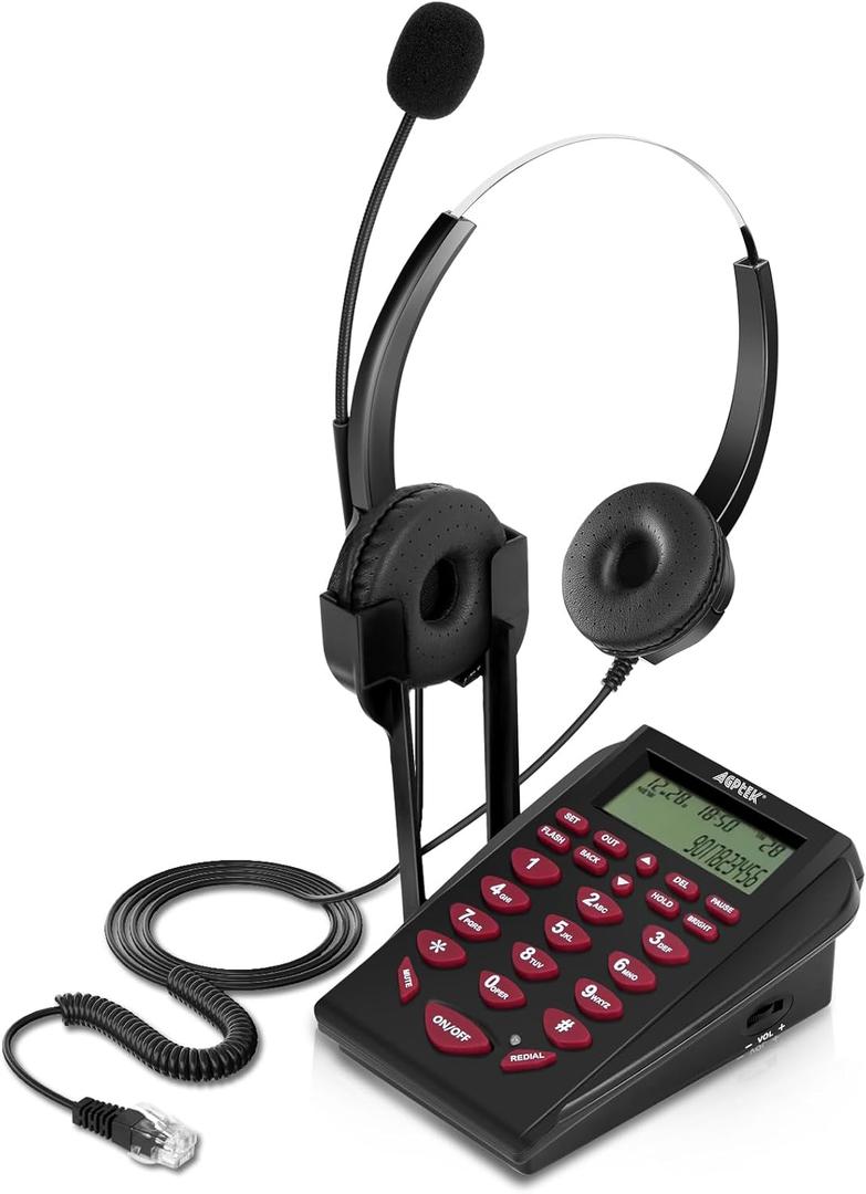 AGPtEK Upgraded Call Center Phone, Corded Telephone with Binaural Headset & Dialpad for House Call Center Office - Noise Cancellation