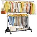 Luxspire Heavy Duty Clothes Rack Load 600 LBS, Double Rod Clothing Rack, Rolling Garment Racks with Lockable Wheels, Shelves, Adjustable Laundry Hanging Racks for Clothes