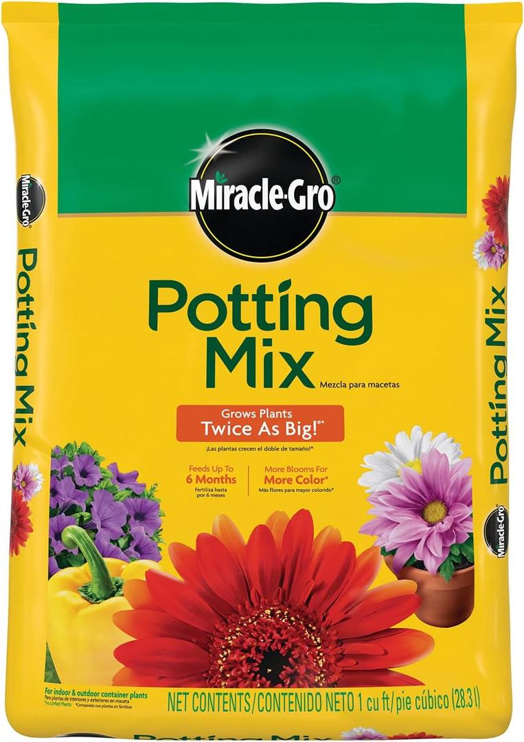 Miracle-Gro Potting Mix, for Indoor or Outdoor Potted Plants, Flowers, Vegetables, Shrubs, Annuals, and Perennials, Feeds Up to 6 Months, 1 cu. ft.