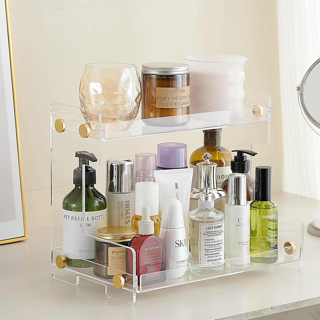 Bathroom Counter Organizer 2-Tier Bathroom Organizer Countertop Cosmetics Organizer Vanity Storage Shelf Rack for Bathroom Bedroom Kitchen (Clear)
