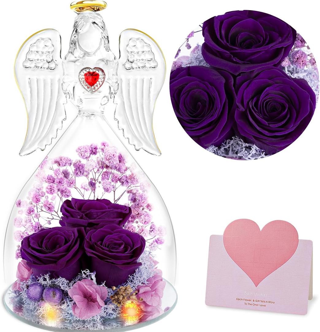Gifts for Mom Gifts, Glass Angel with Real Rose Inside, Preserved Rose Angel Gift for Women, for Mom from Daughter Son, Purple Forever Flowers Gift for Grandma Wife Girlfriend