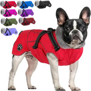 Doglay Dog Jacket Waterproof Dog Coat with Harness Built in, Christmas Puppy Winter Coat Reflective Turtleneck Puffer Snow Jackets for Small Medium Large Dogs (Red)