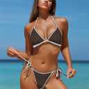 ZAFUL Women Triangle Bikini Sets Sexy Two Piece Swimsuit Halter V Neck String Bathing Suits Tie Side Swimwear 2025 (Brown, L)