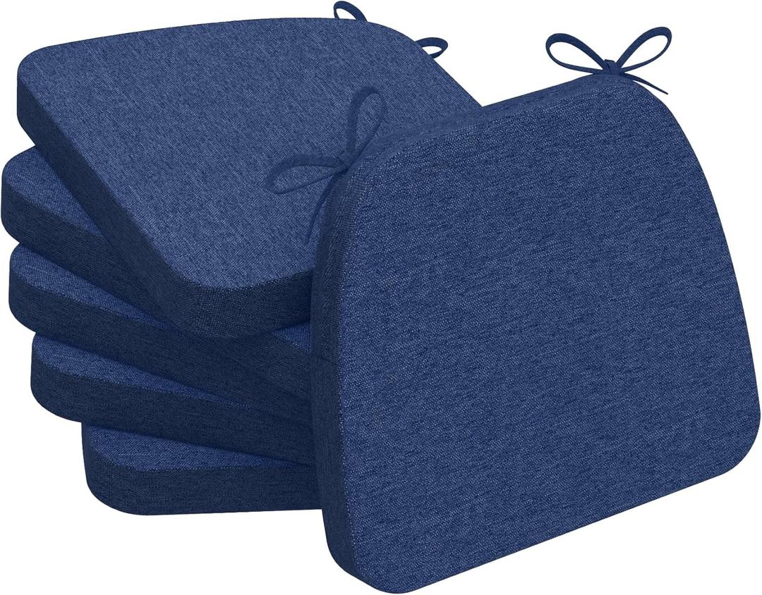 AAAAAcessories D-Shaped Chair Cushions, 2" Thick Dining Chair Pads with Ties and Removable, Machine-Washable Cover, 17" x 16", Set of 6, Blue, 6 Count