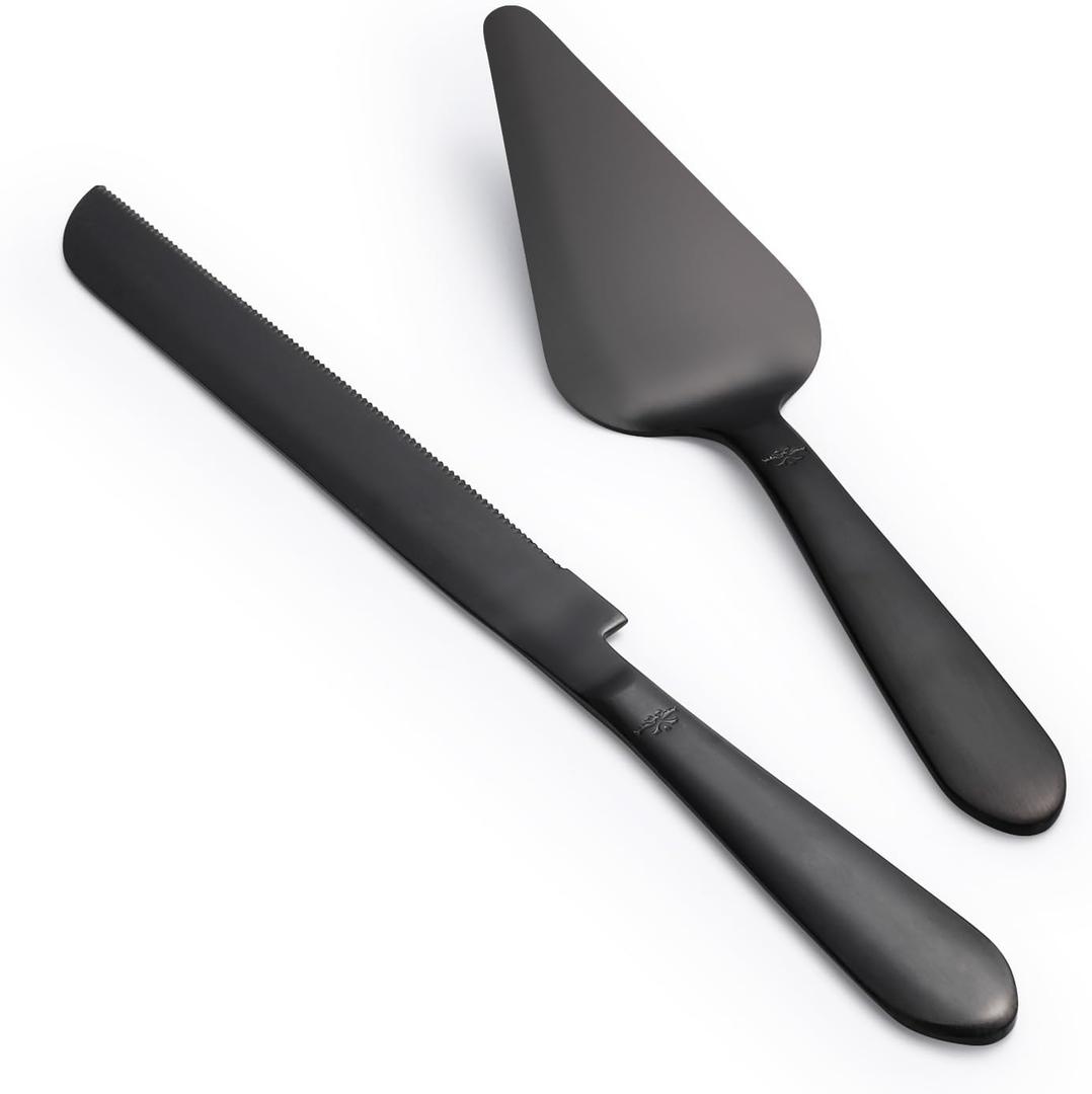 Wedding Cake Knife and Server Set, Integral Stainless Steel Longer Cake Cutter and Wider Pie Spatula, Elegant Cake Cutting Serving Set for Party Birthday Christmas Bridal Shower Set of 2, Matte Black
