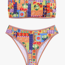 ZAFUL Women Strapless Ribbed High Cut Bandeau Bikini Lace Up 2 Pieces Swimwear, L