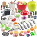 100Pcs Kitchen Playset, Kids Pretend Cooking Play Pots, Pans, Utensils, Cookware, Toy Food Fruits Veggies, with 2 Large Apple - Shaped Storage, Toddler Cooking Learning Gift (White)
