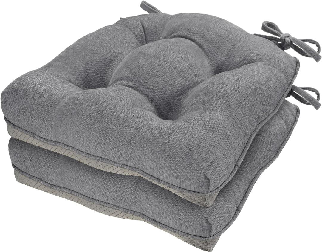 Cozyide Chair Cushions for Dining Chairs, 17" x 17" Non-Slip Kitchen Chair Pads with Adjustable Ties, Indoor Chair Cushions for Dining Room, Grey (Pack of 2)