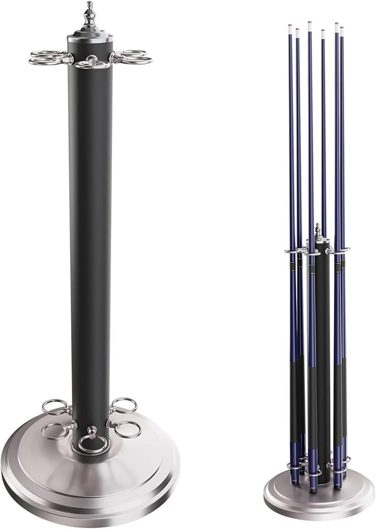 GSE Games & Sports Expert Stand-Style Metal Billiard Pool Cue Rack, Holds 6 Pool Cue Sticks (Matte Black & Brushed Nickel)