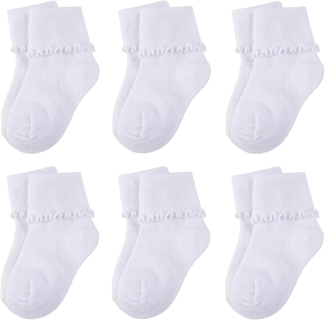 6 Pairs Newborn Infant Toddler Baby Girls Turn Cuff White Ruffle Frilly Cotton Dress Crew Socks, 0-6 Months