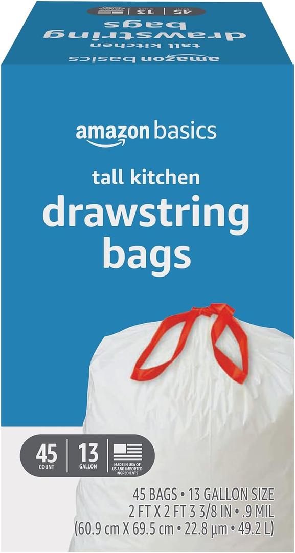 Amazon Basics Tall Kitchen Drawstring Trash Bags, 13 Gallon, Unscented, 45 Count