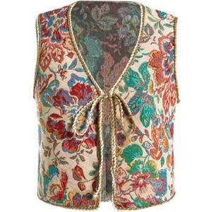 GORGLITTER Women's Sleeveless Western Rodeo Country Concert Cowgirl Outfit Tie Front Cardigan Vest Top Casual Trendy (L)