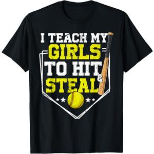 I Teach My Girl To Hit And Steal Softball Mom Dad Parent T-Shirt (Small, Black)