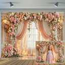 10X8ft Romantic Floral Wedding Backdrop Pink Flower Curtain Photography Background Anniversary Ceremony Bridal Shower Engagement Party Decor Photo Booth Props Wall Banner