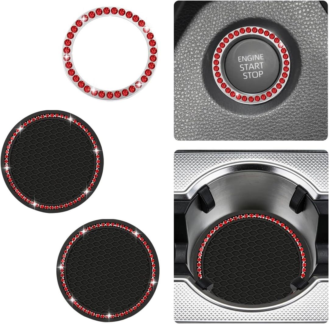 2PCS Bling Car Cup Holder Coaster with 1PC Start Stop Button Cover, Universal 2.72" Anti-Slip Silicone Auto Coaster Pad Decoration, Shiny Rhinestone Car Ornament Accessories (Red)
