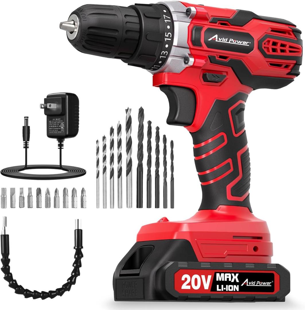 AVID POWER 20V MAX Power Drill Kit, Cordless Drill Set with Battery and Charger, 2 Variable Speed, 3/8-Inch Keyless Chuck, 19 Position and 22pcs Bits