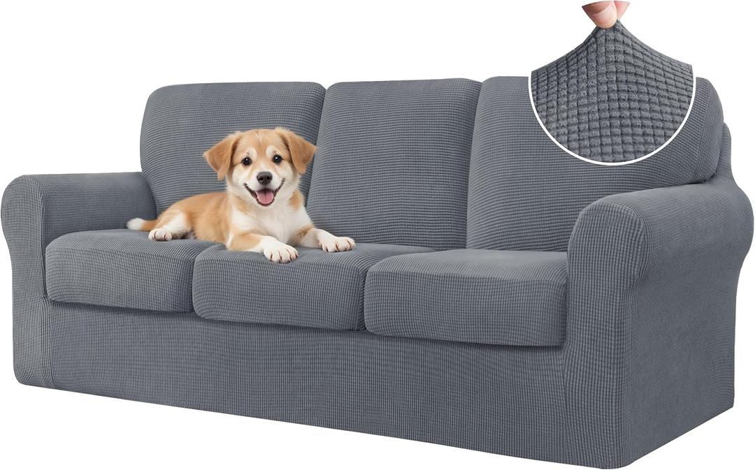 CHUN YI 7 Piece Couch Covers Sofa Covers Washable, Stretch Sofa Slipcover for 3 Cushion Couch with Seperate Backrest and Cushion Covers, Anti Slip Furniture Protector for Dogs Pets (Large, Light Grey)