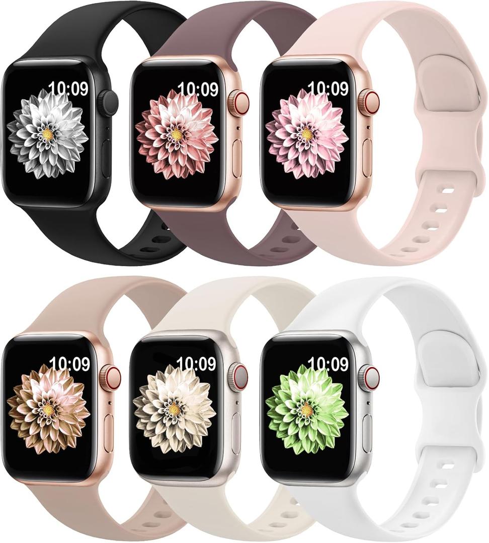 6 Pack Sport Bands Compatible with Apple Watch Band 38mm 40mm 41mm 42mm 44mm 45mm 49mm 46mm,Silicone Waterproof Strap for iWatch Apple Watch Series 11 10 9 Ultra 8 7 6 5 4 3 2 1 SE Women Men (Starlight/Pink Sand/Milk Tea/White/Smoke Violet/Black)