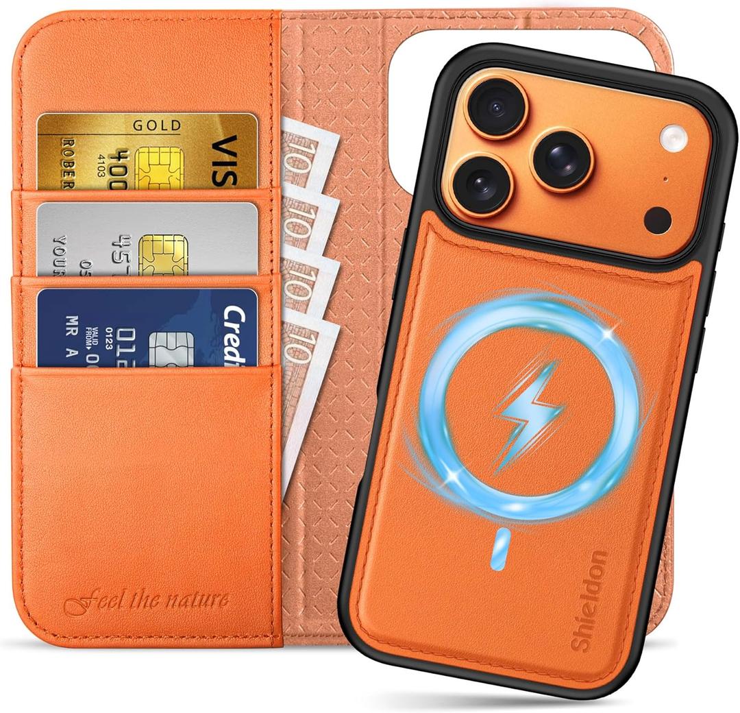 SHIELDON 2 in 1 Wallet Case for iPhone 17 Pro 6.3" | Genuine Leather, Wireless Charging, RFID Blocking Credit Card Slot, Folio Magnetic Closure, Removable Shockproof Phone Cover 2025 - Orange