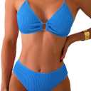 Fanuerg Women's Ribbed Triangle Bikini Sets O Ring Linked Two Piece Swimsuit Textured Cheeky Swim Bathing Suit (Blue, XL)