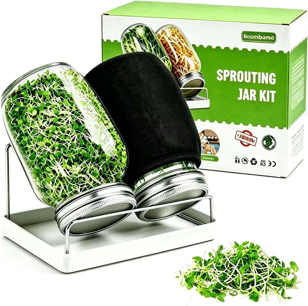 Premium Sprouting Jar Kit 2Pcs Large Wide Mouth Mason Jars With Screen Sprout Lid,Sprouting Jar Stand,Tray,Blackout Sleeves,-Seed Sprouting Kit For Growing Mung beans,Broccoli