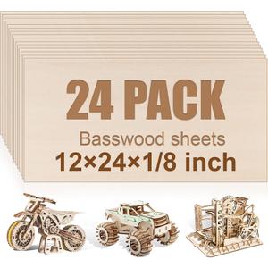 24 Pack Basswood Sheets 12"x24"x1/8", 3mm Basswood for Laser Cutting and Engraving,Thin Plywood Board Unfinished Wood for Crafts, DIY Ornaments and Architectural Model, Wood Burning.
