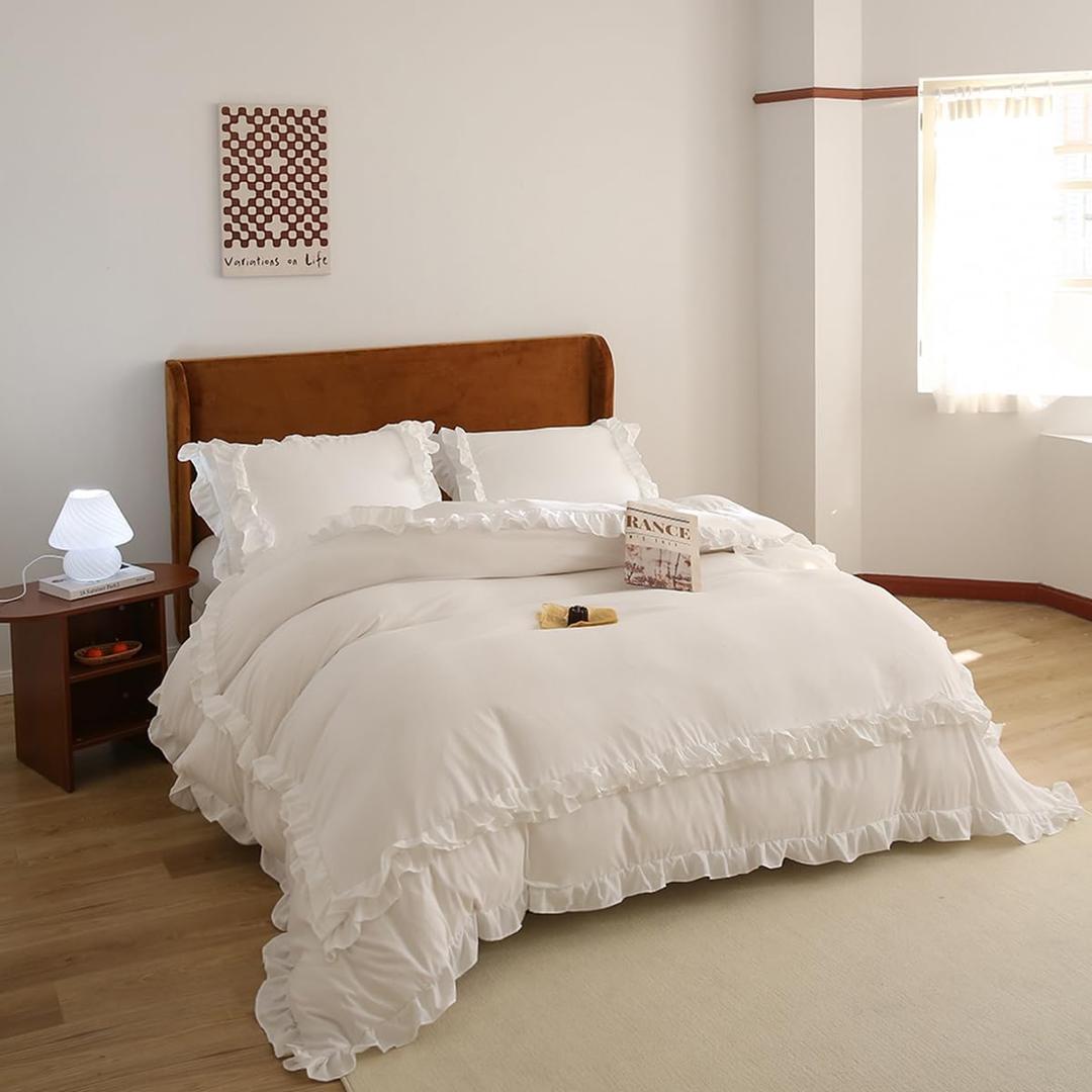 CCoutueChen White Ruffle Duvet Cover Full 3Pcs Shabby Chic Farmhouse Bedding Set Girls 100% Washed Microfiber Duvet Cover Set Boho Vintage Ruffled Bedding with 2 Pillowcases(No Comforter)