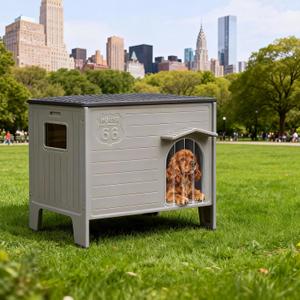 Insulated Outdoor Indoor Dog House Plastic Weatherproof Elevated Dog Shelter, Easy Assemble, Expansive Interior Grey 26.7" D * 26.7" W * 21.4" H