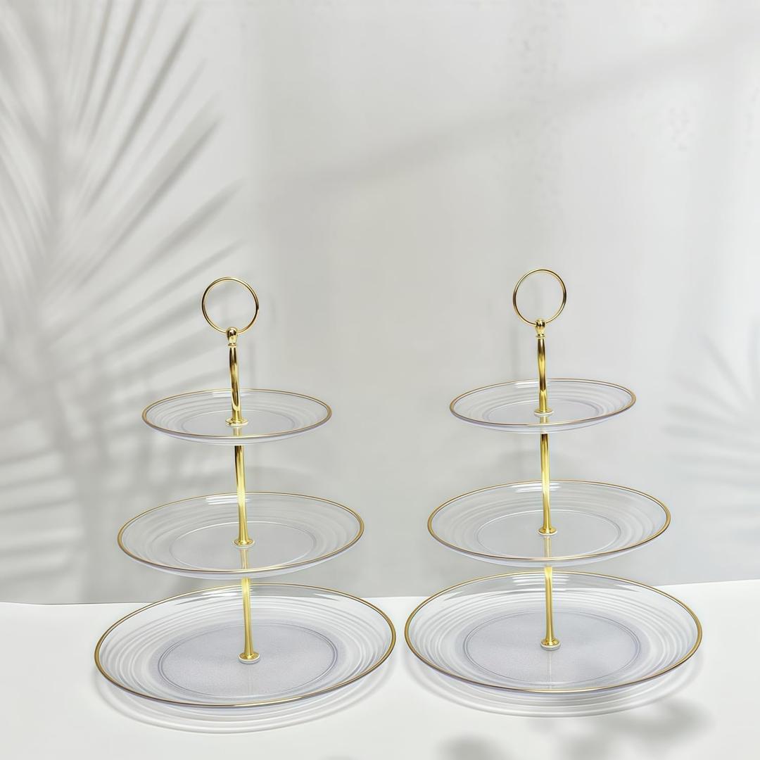 RAUVOLFIA 3 Tier Cupcake Stand, Tiered Serving Cake Stand, Transparent Plastic Dessert Stand, Weddings Parties Pastry Serving Tray (2 Pack, Clear Plate with Gold Rim)