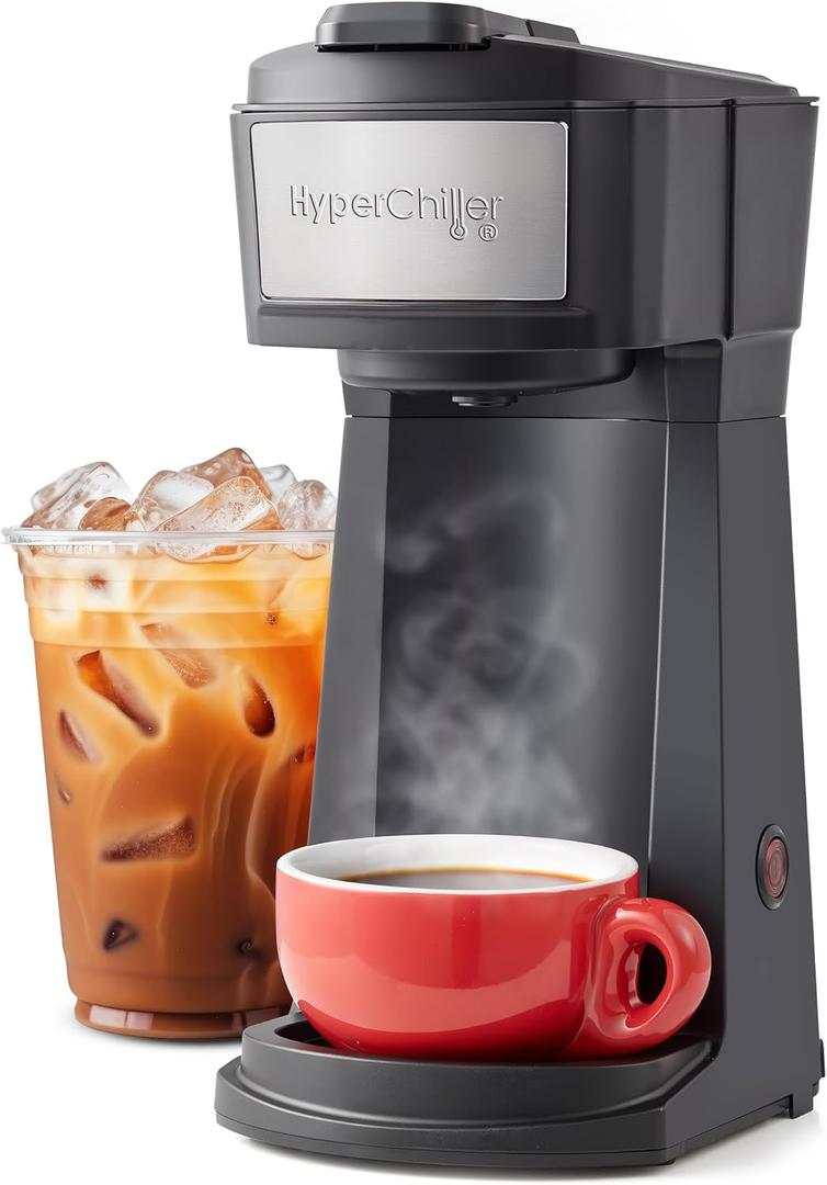 Elite Gourmet HyperChiller EHC210N Iced/Hot Coffee Maker, K-Cup or Coffee Grounds, 8, 10 or 12oz Pours, Removable K-Cup Holder and Reusable Mesh Filter, Drip tray, Black/Stainless-Steel