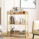 Square Gold Bar Carts with 3 Tier Storage Glass Shelves Holder Home Serving Bar Carts on Wheels for Kitchen, Bar, Dinning Room, 14 x 28 x 35 inches