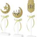 3 Pieces Ramadan Wooden Tabletop Signs Decorations Eid Mubarak Table Centerpieces Decor Set Islamic Ramadan Tiered Tray Decor for Muslim Home Party Tabletop Decor