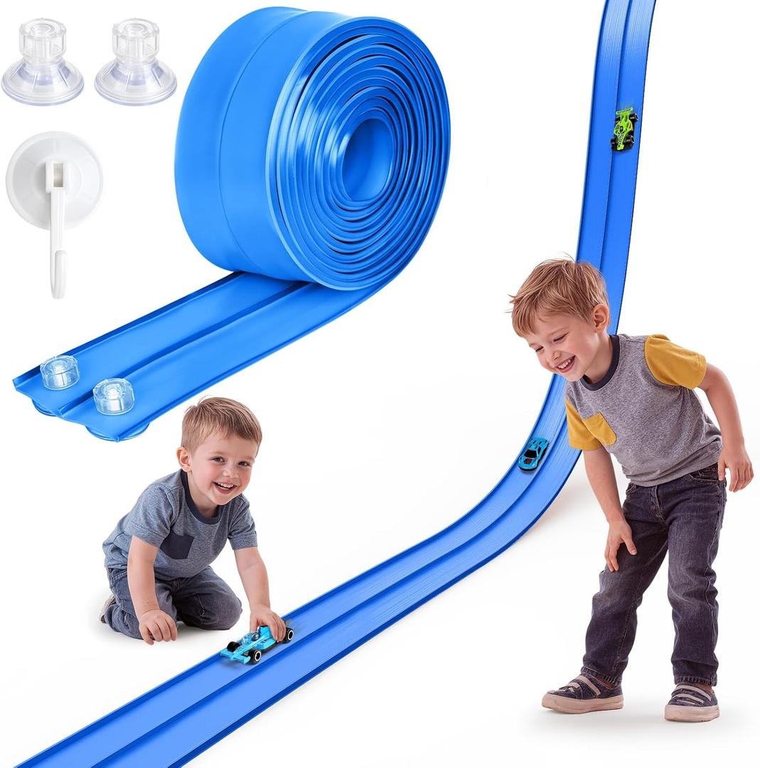 Flex Track 15 Ft Portable Flexible Race Car Track with Strong Suction Cups  Compatible with 1/64 Diecast CarsEasy Storage, Indoor & Outdoor Play Flexible Car Tracks for KidsBlue