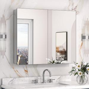 Keonjinn 30 x 26 Inch Bathroom Medicine Cabinet with Mirror, Assembly Required, Combined Double Doors Wall Cabinets, Flexiable Ample Storage, Recessed or Surface Mount, Soft Closing