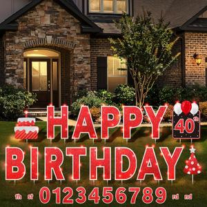 Yerliker 16 Pcs Happy Birthday Yard Signs with Stakes, 32.8 ft LED Lights, 42 Pcs Number Stickers, 13.4 Inch Letters Signs for Birthday Party Supplies Yard Lawn Outdoor Decoration (Red)