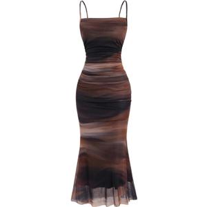 SOLY HUX Women's Tie Dye Ruched Bodycon Maxi Dress Sexy Mesh Sleeveless Cocktail Party Club Long Cami Dresses (Medium, Brown Multi)