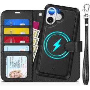 TUCCH 2-in-1 Detachable Wallet Case for iPhone 17 (6.3-inch) 2025, Wireless Charging | RFID Blocking 4 Card Holders | Wrist Strap | Kickstand | Magnetic | PU Leather | Protective Flip Cover | Black