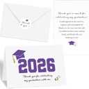 Motipuns 50 Sets Purple 2026 Graduation Thank You Cards with Envelopes and Stickers Pre-printed Message Bulk Appreciation Notes College Greeting Card for Guest Family Teacher Classmate