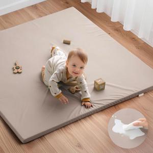 Blissful Diary Vegan Leather Baby Play Mat, 50x50 Thicken Foam Cushioned & Waterproof Playpen Mat for Infants and Toddlers, Stylish and Just Wipe-Clean Playmat for Baby Play on Floor, Brown Gray (50" X 50")