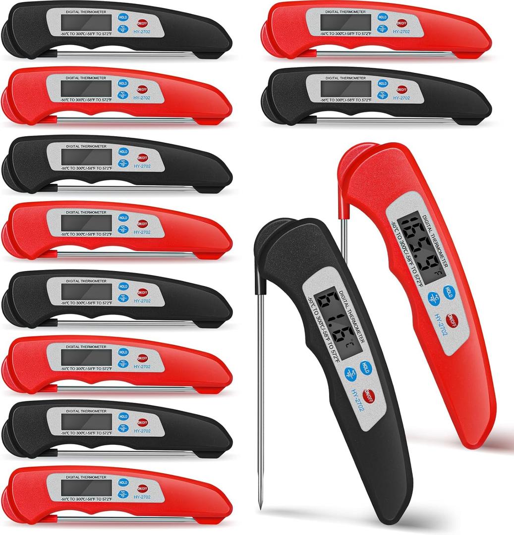 Xuhal 12 Pcs Digital Meat Thermometer with Probe Waterproof Instant Read Foldable Food Thermometer with Magnet for Kitchen Grilling Cooking Turkey Baking BBQ(Black, Red)