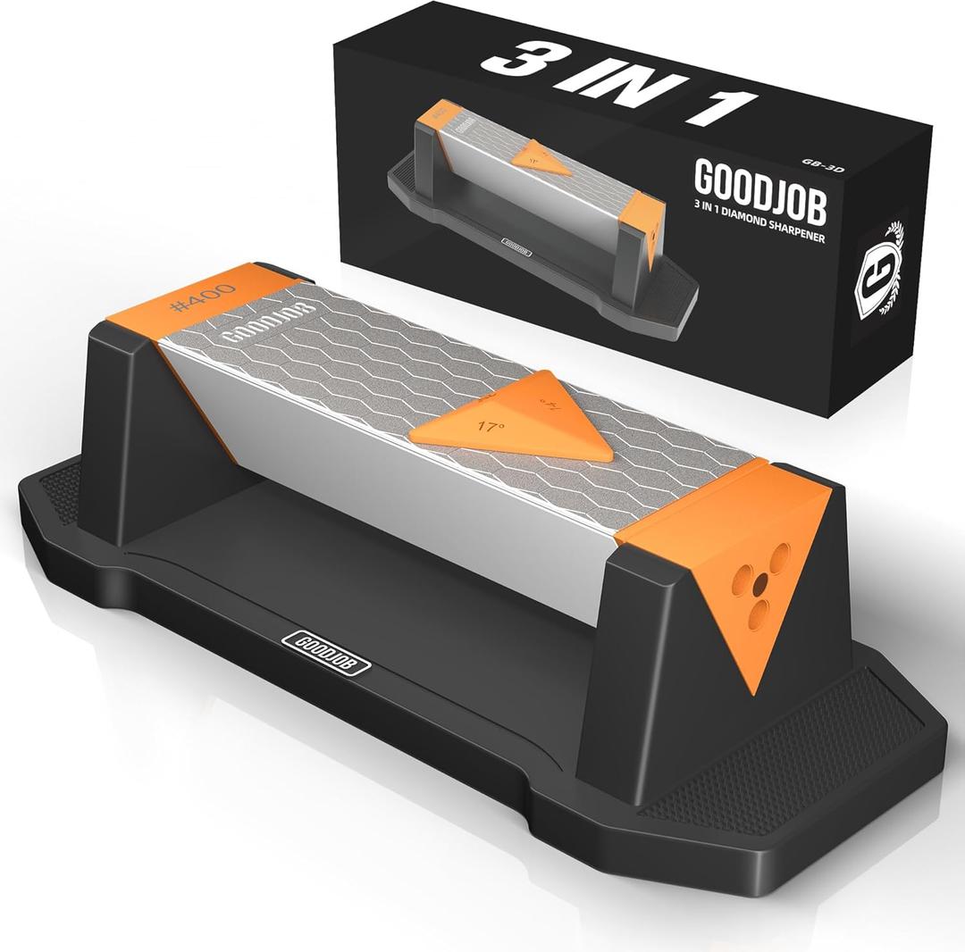 Goodjob Diamond Sharpening Stone 3 Side Grit 400/1000/8000 Premium Industrial Diamond & Ceramic Whetstone Knife Sharpener Suitable for Steel of any Hardness with Angle Guide and Non-Slip Base (GB-3D) (Small)